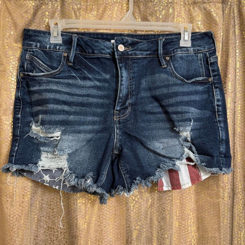 KanCan Americana Flag Dark Wash Ripped Stretchy Shorts Size 14